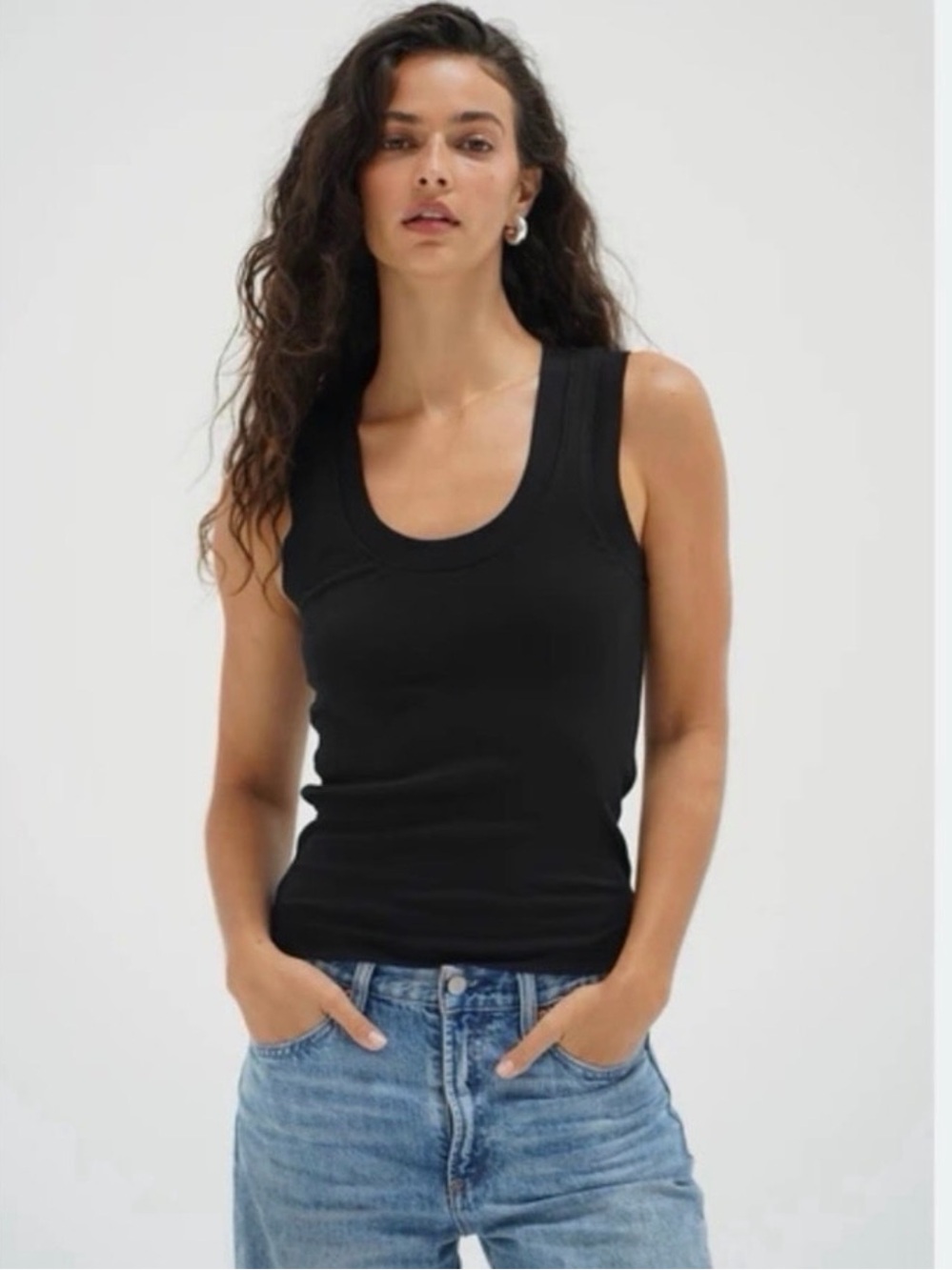 LNA Double Layer Ribbed Scoop Neck Tank Top Black XS Rayon Stretch